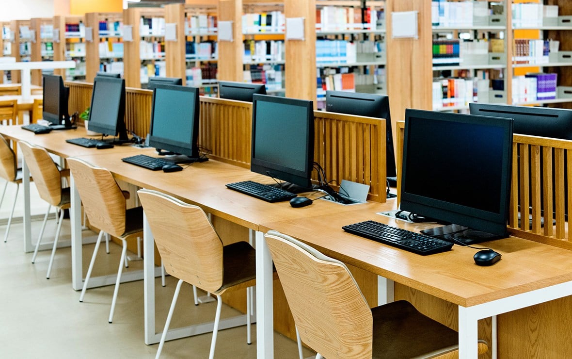 Laptops in a classroom.