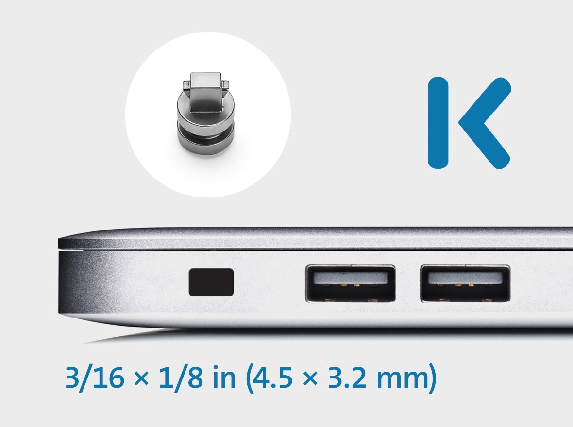 Kensington wedge-shaped security lock on white background.