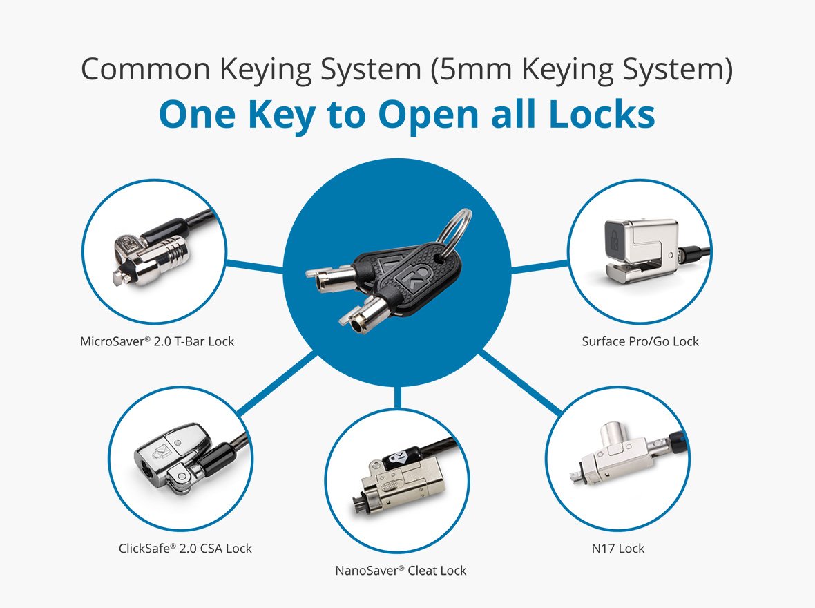 Multiple locks shown that could be open by the 5mm Keying System on white background.
