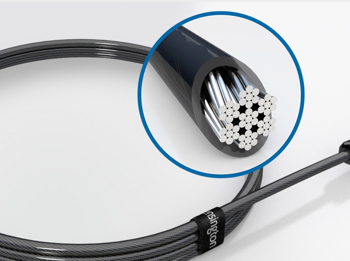 Close up to the carbon steel cable on white background.
